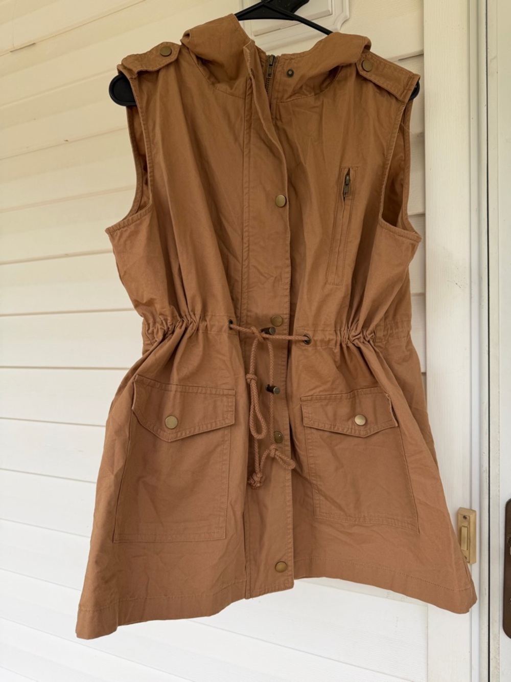 Zenana Outfitters Sleeveless Hooded Drawstring Utility Vest in Tan